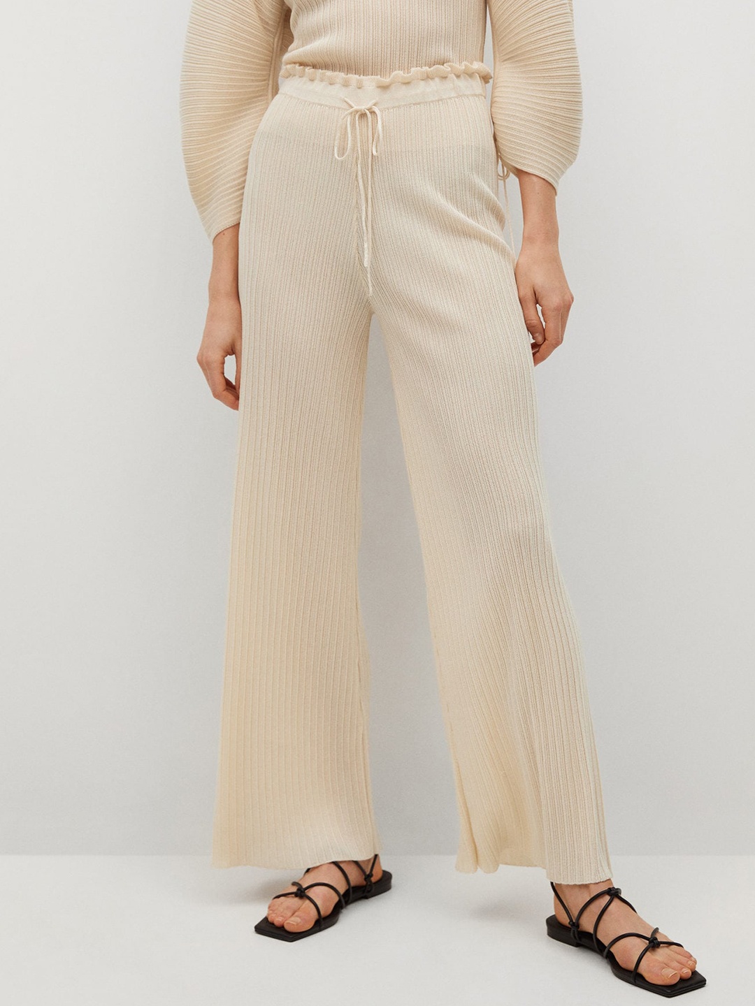 

MANGO Women Cream-Coloured High-Rise Ribbed Parallel Trousers