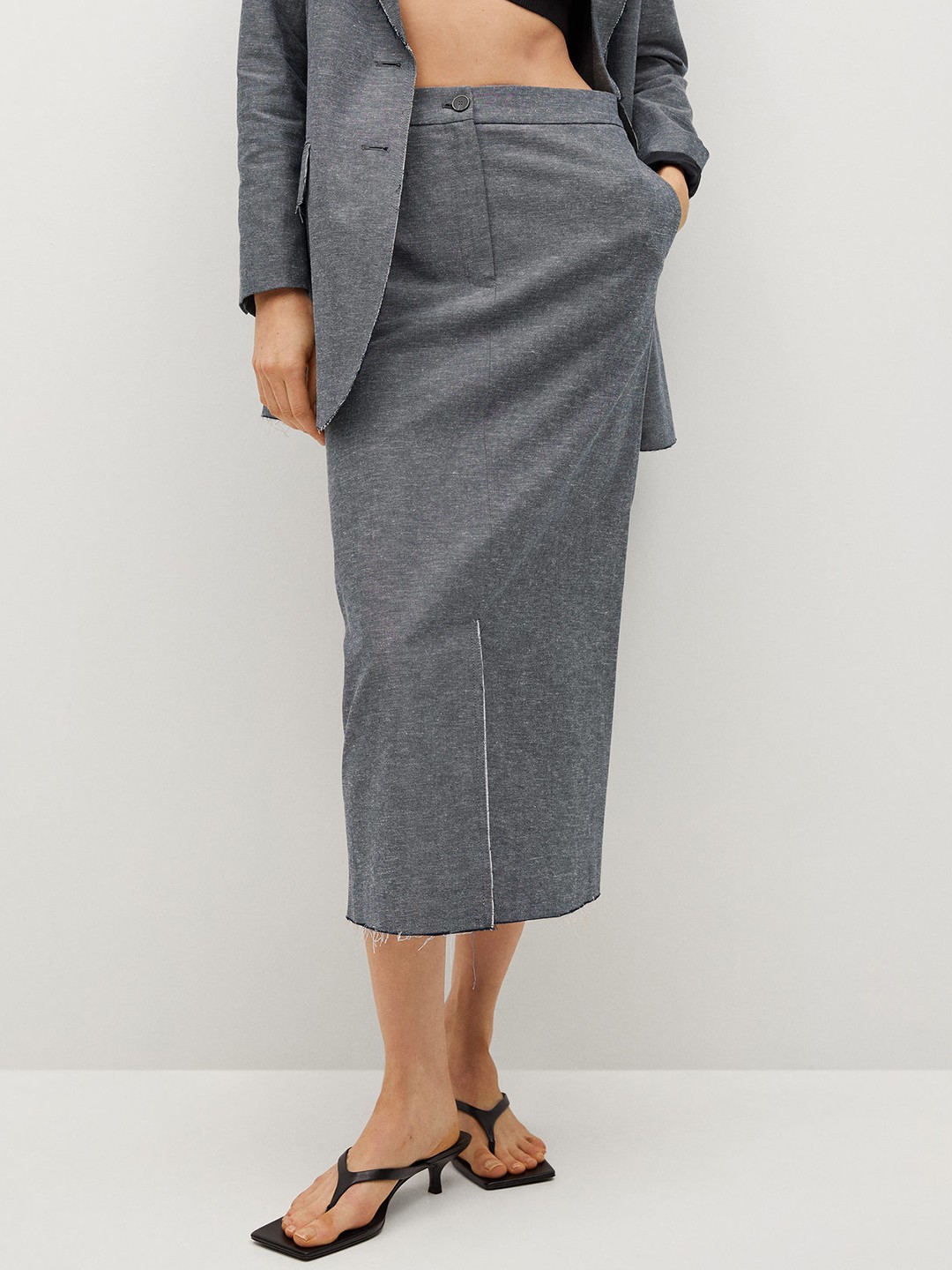 

MANGO Women Charcoal Grey Solid Sustainable Front Slit Pencil Skirt