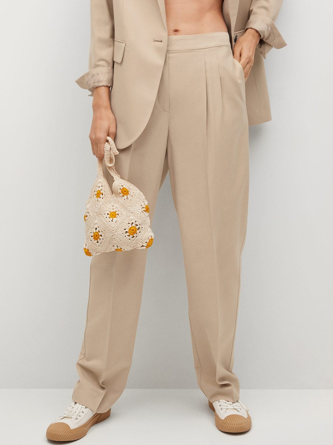 

MANGO Women Beige Sustainable Solid Pleated Regular Trousers