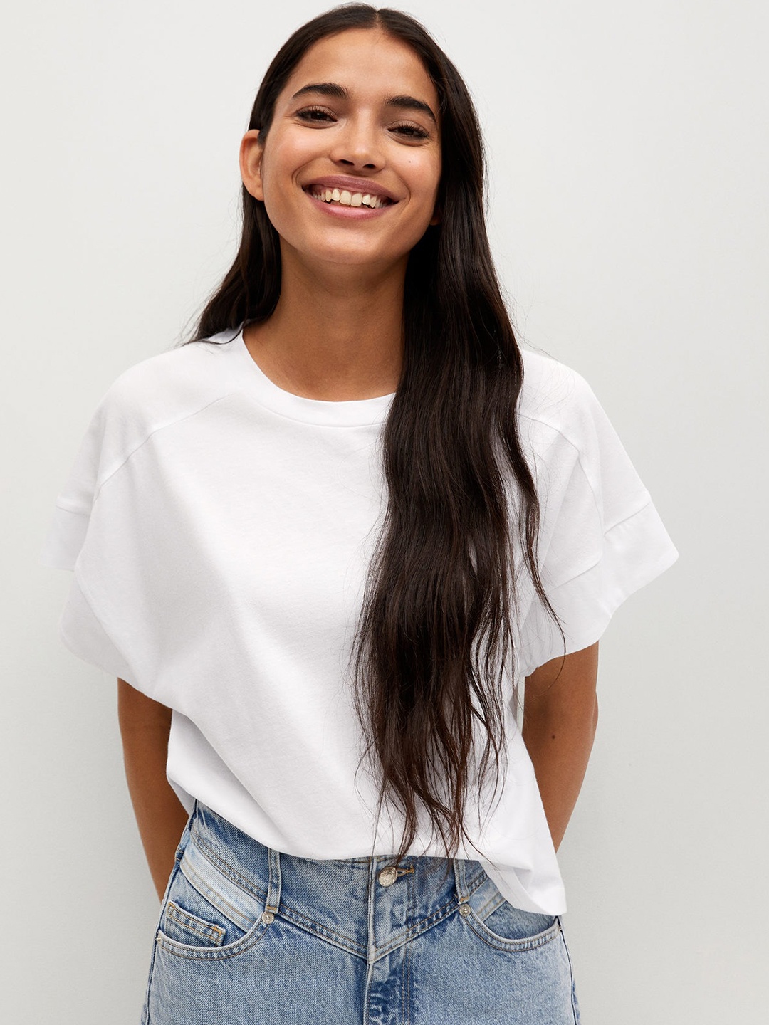 

MANGO Women White Organic Cotton Drop-Shoulder Sleeves T-shirt