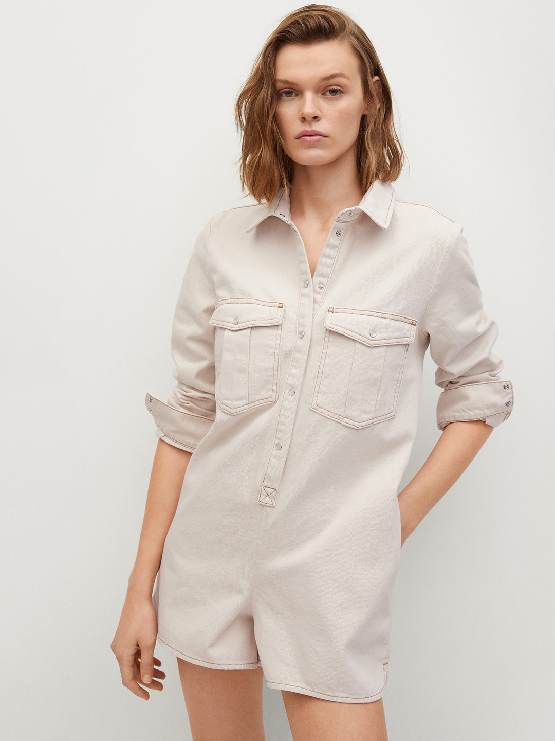 

MANGO Off White Denim Cotton Playsuit
