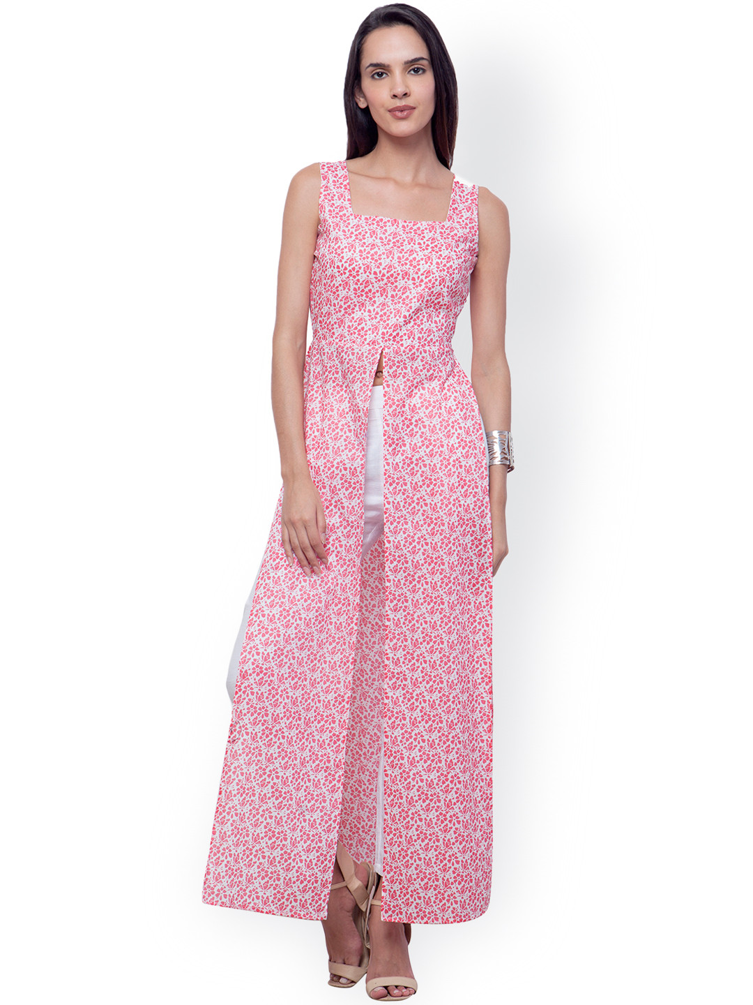 

INDYA Pink & White Floral Print Georgette Kurta