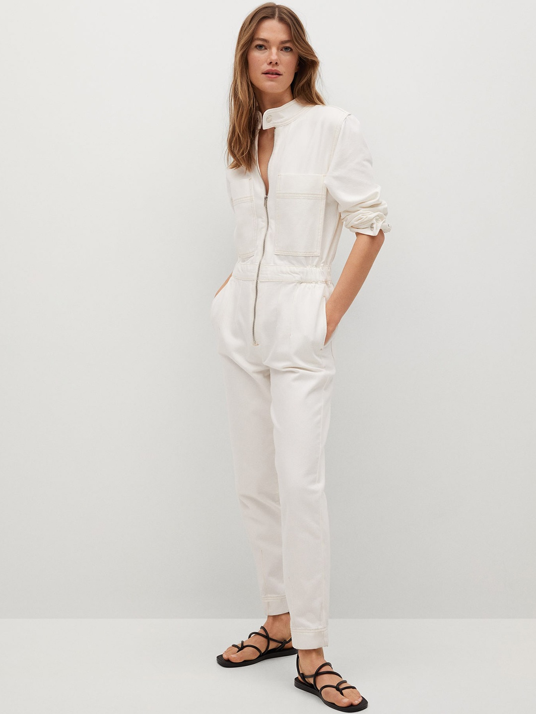 

MANGO White Denim Cotton Basic Jumpsuit