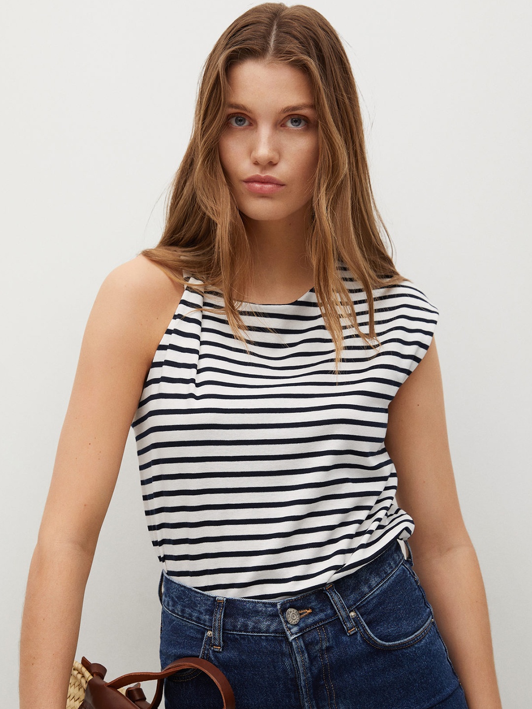 

MANGO White & Black Striped Twisted Shoulder Regular Top
