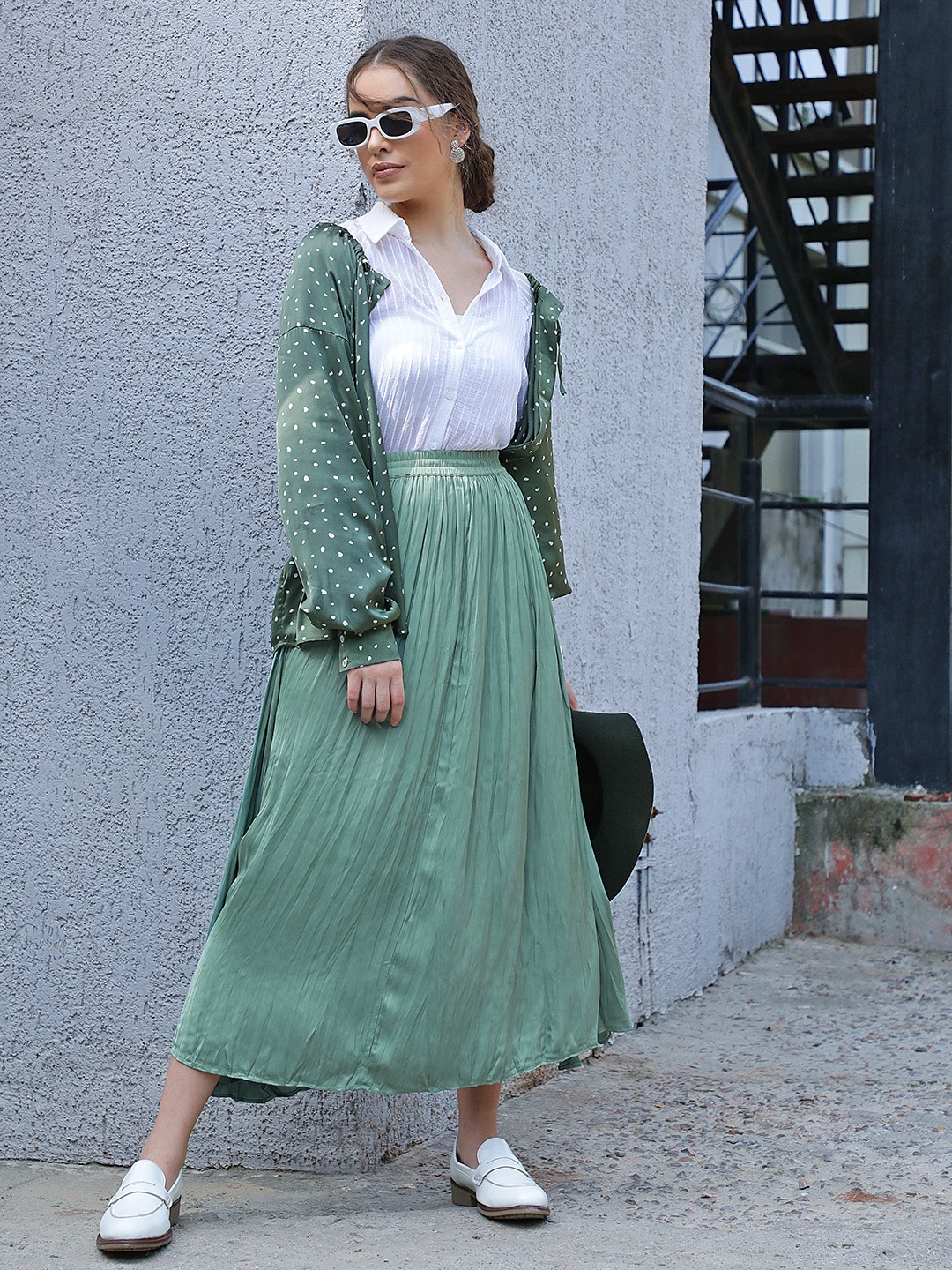 

MANGO Sea Green Sustainable Gathered A-line Skirt