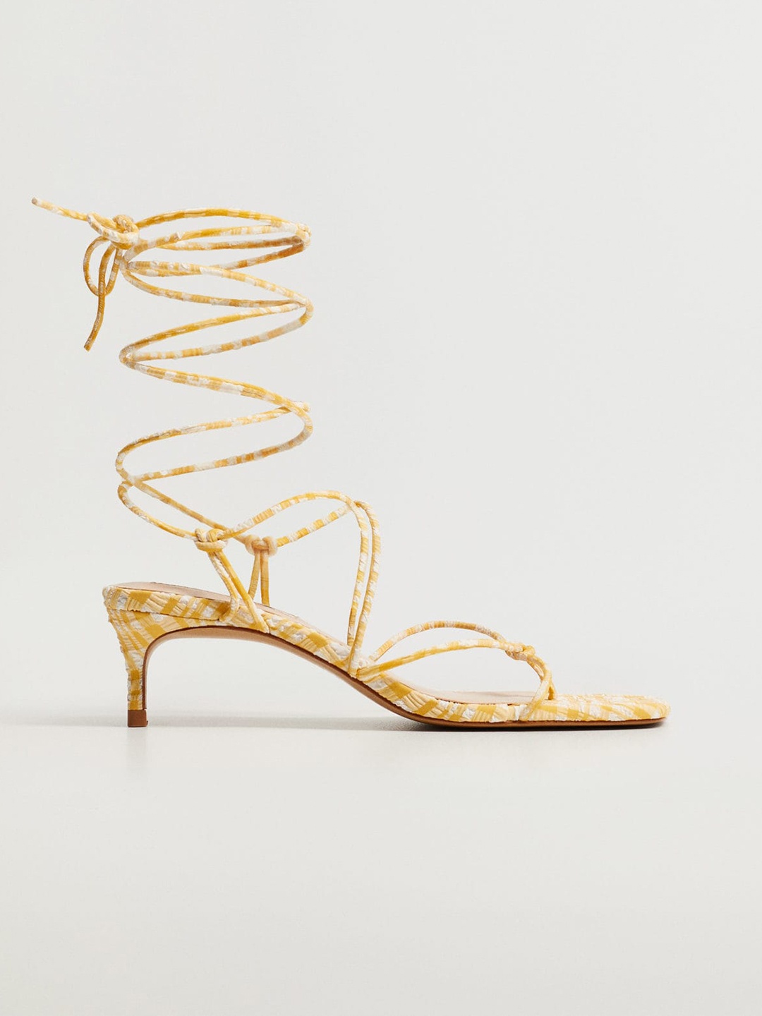 

MANGO Women Yellow & White Checked Heeled Gladiators