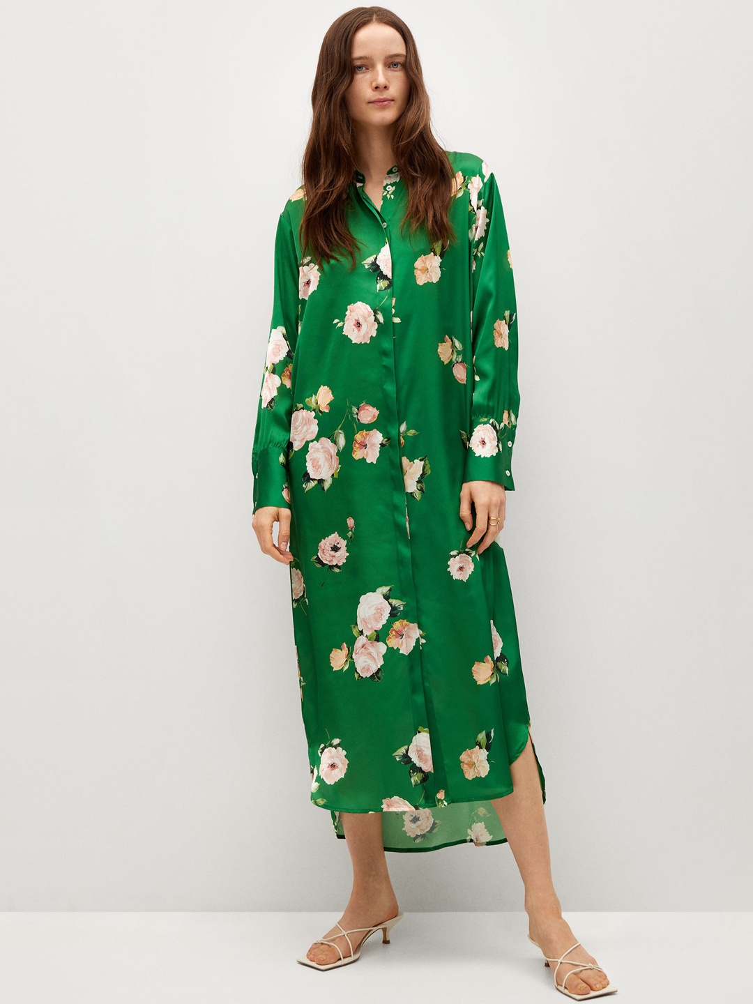 

MANGO Women Green & Peach-Coloured Floral Print Shirt Midi Dress