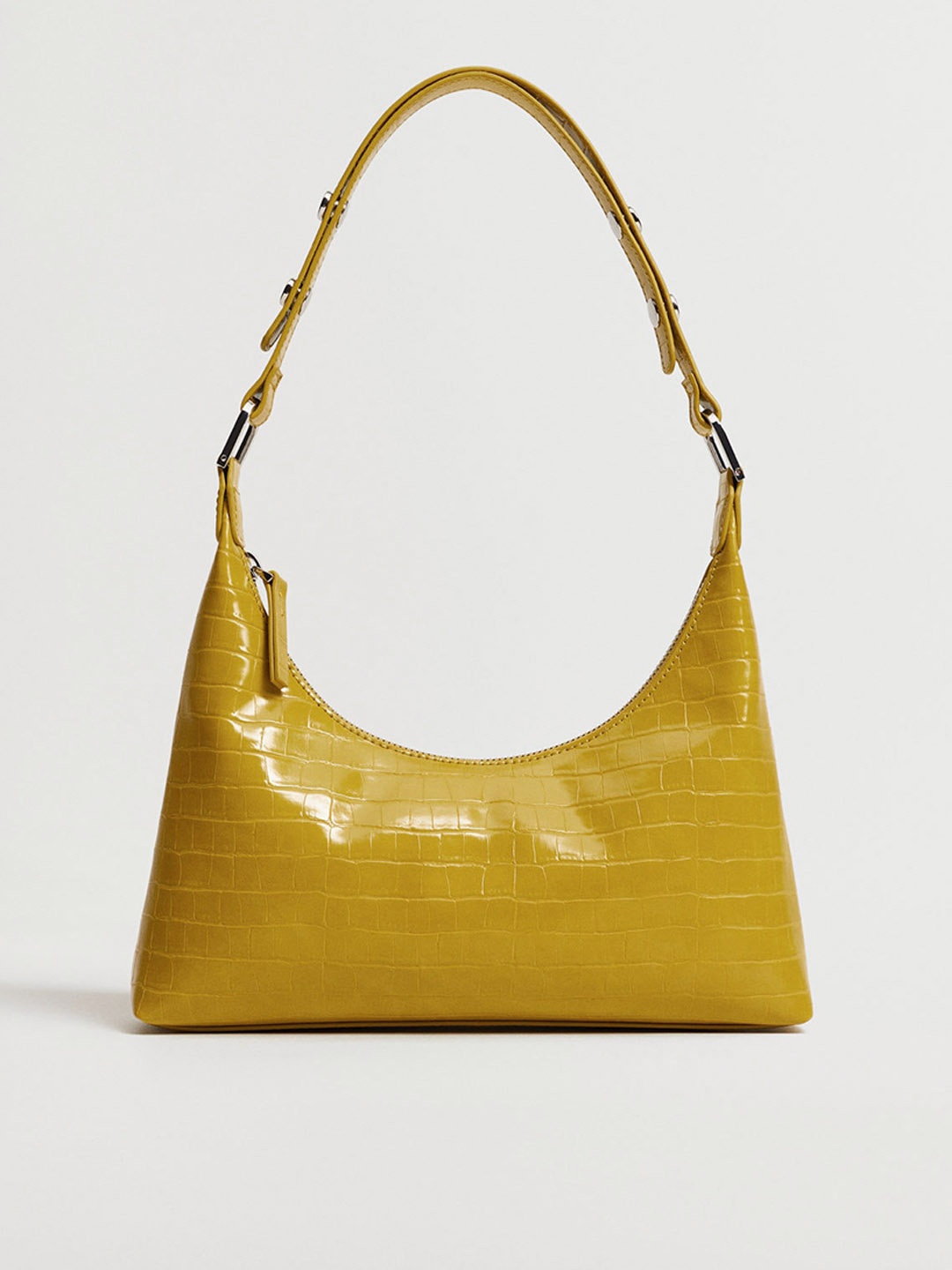 

MANGO Mustard Yellow Croc Textured Baguette Hobo Bag