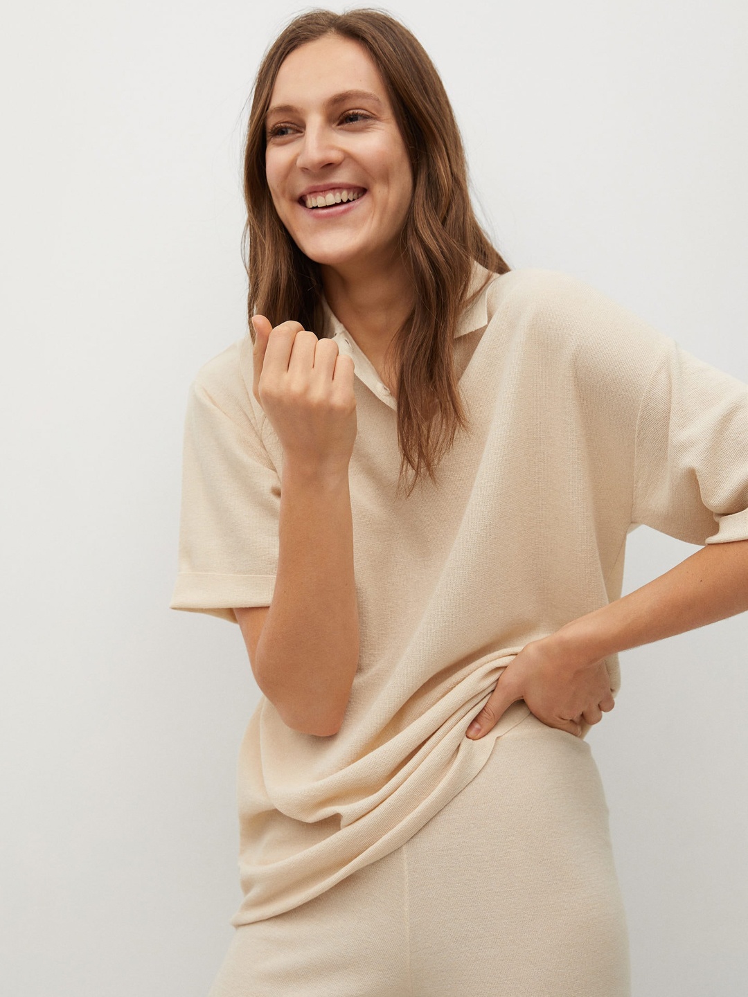 

MANGO Women Beige Polo Collar Drop-Shoulder Sleeves T-shirt
