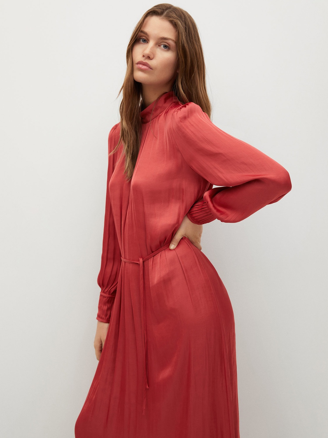 

MANGO Red Satin Puff Sleeves A-Line Midi Dress