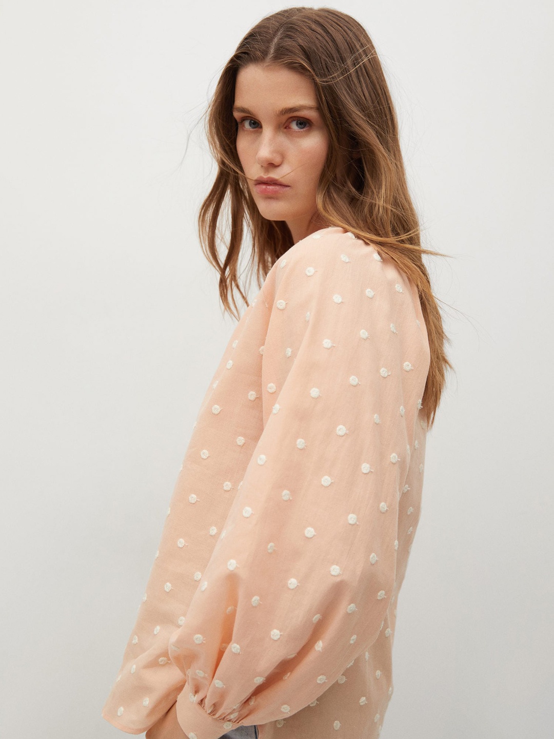 

MANGO Women Peach-Coloured Geometric Embroidered Shirt Style Top