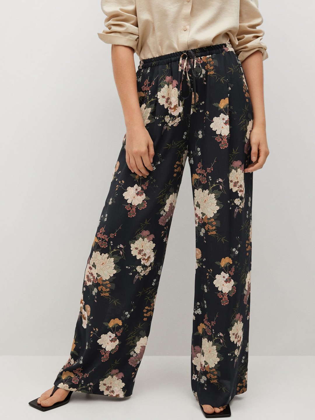 

MANGO Women Black & Off-White Floral Printed Sustainable Parallel Trousers