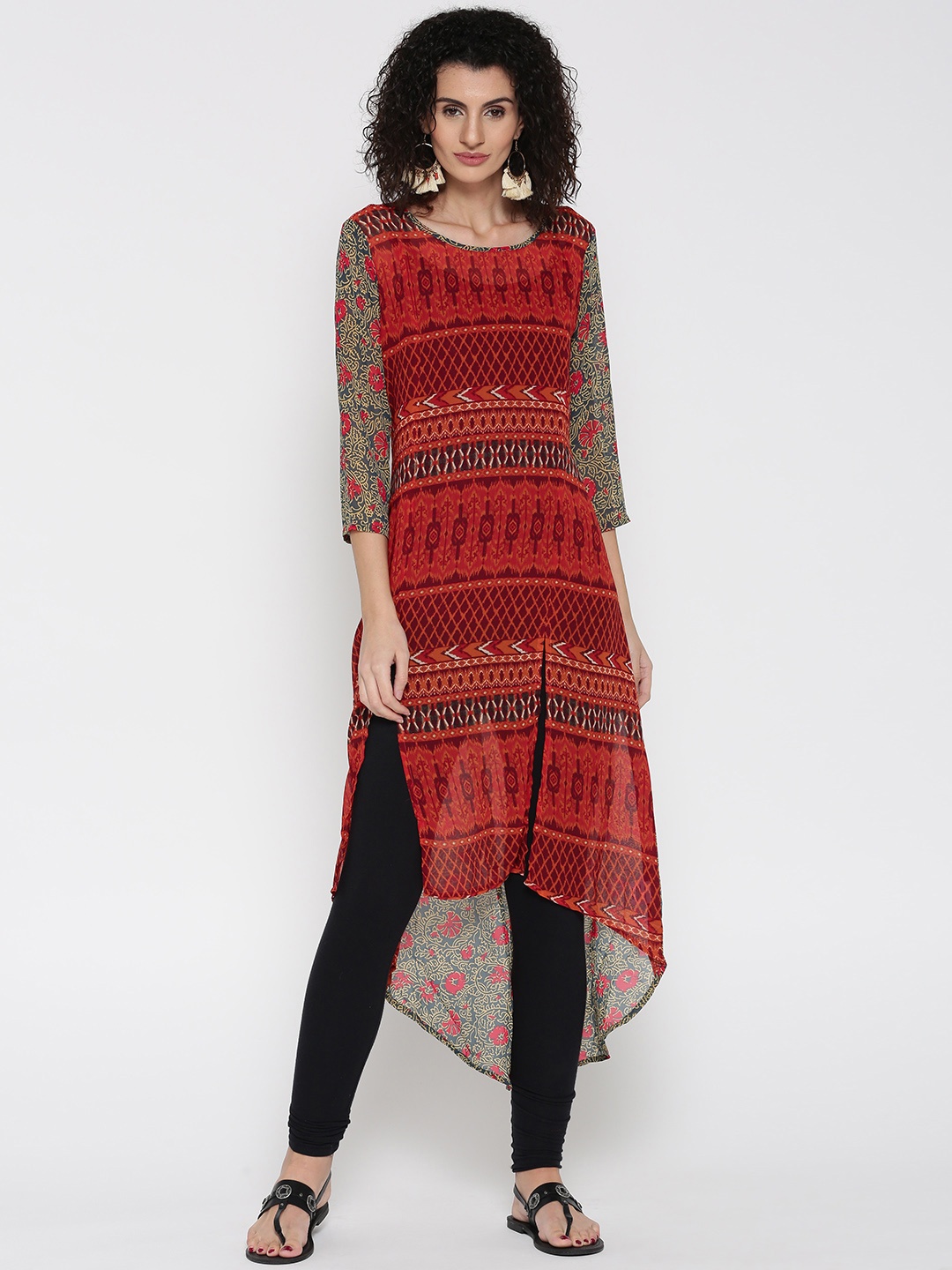 

Global Desi Orange & Red Printed Asymmetric Hemline Kurta