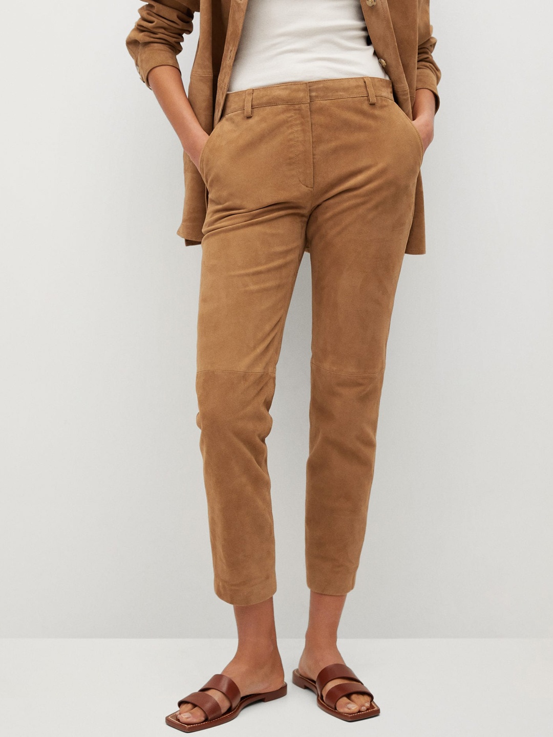 

MANGO Women Brown Solid Goat Leather Regular Trousers