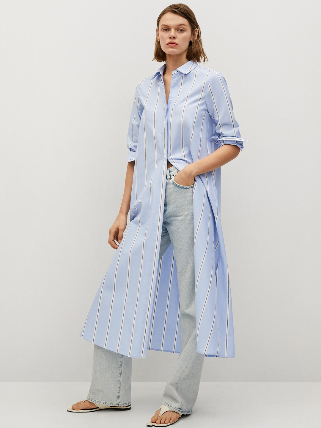 

MANGO Blue & White Striped Pure Cotton Shirt Midi Dress