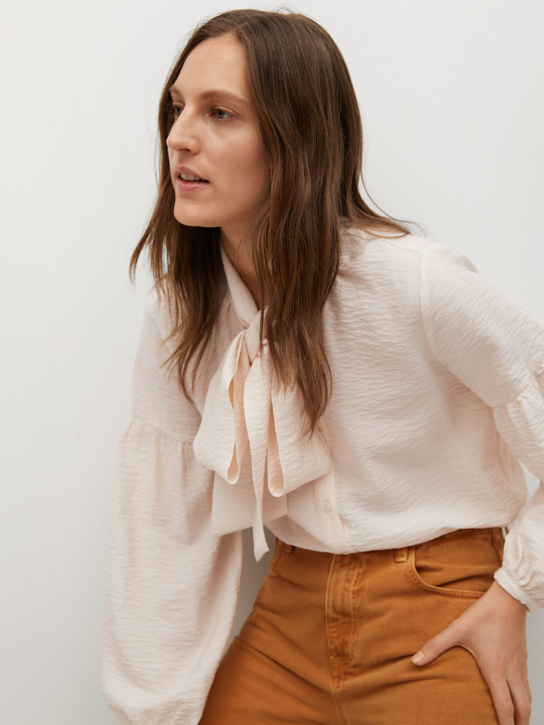 

MANGO Women Peach-Coloured Tie-Up Neck Regular Top
