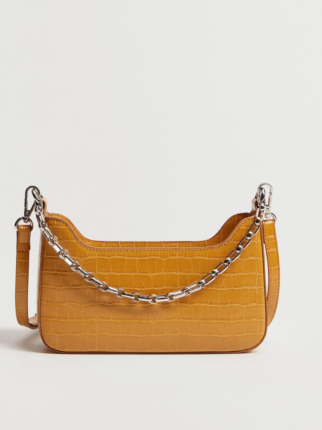 

MANGO Mustard Yellow Croc Textured Shoulder Bag with Detachable Sling Strap