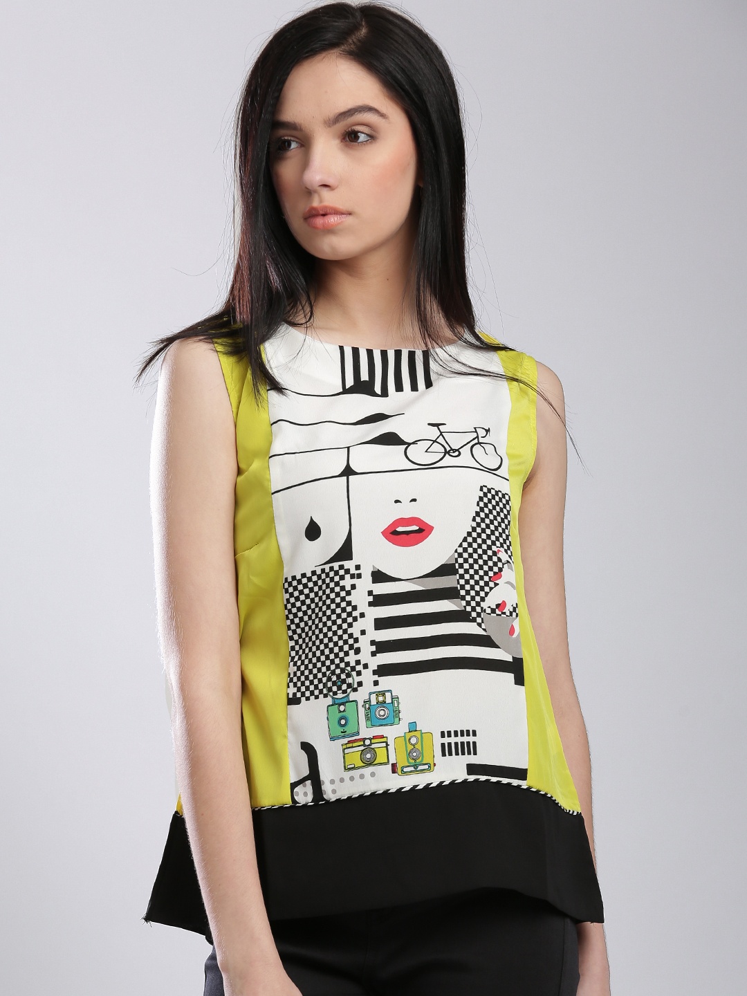 

W Yellow & Off-White Polyester Printed Panelled Top