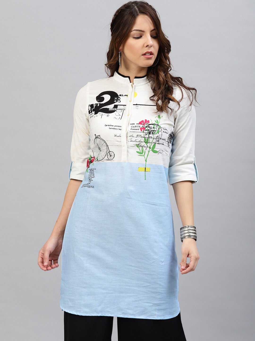 

W Off-White & Blue Printed Straight Kurta