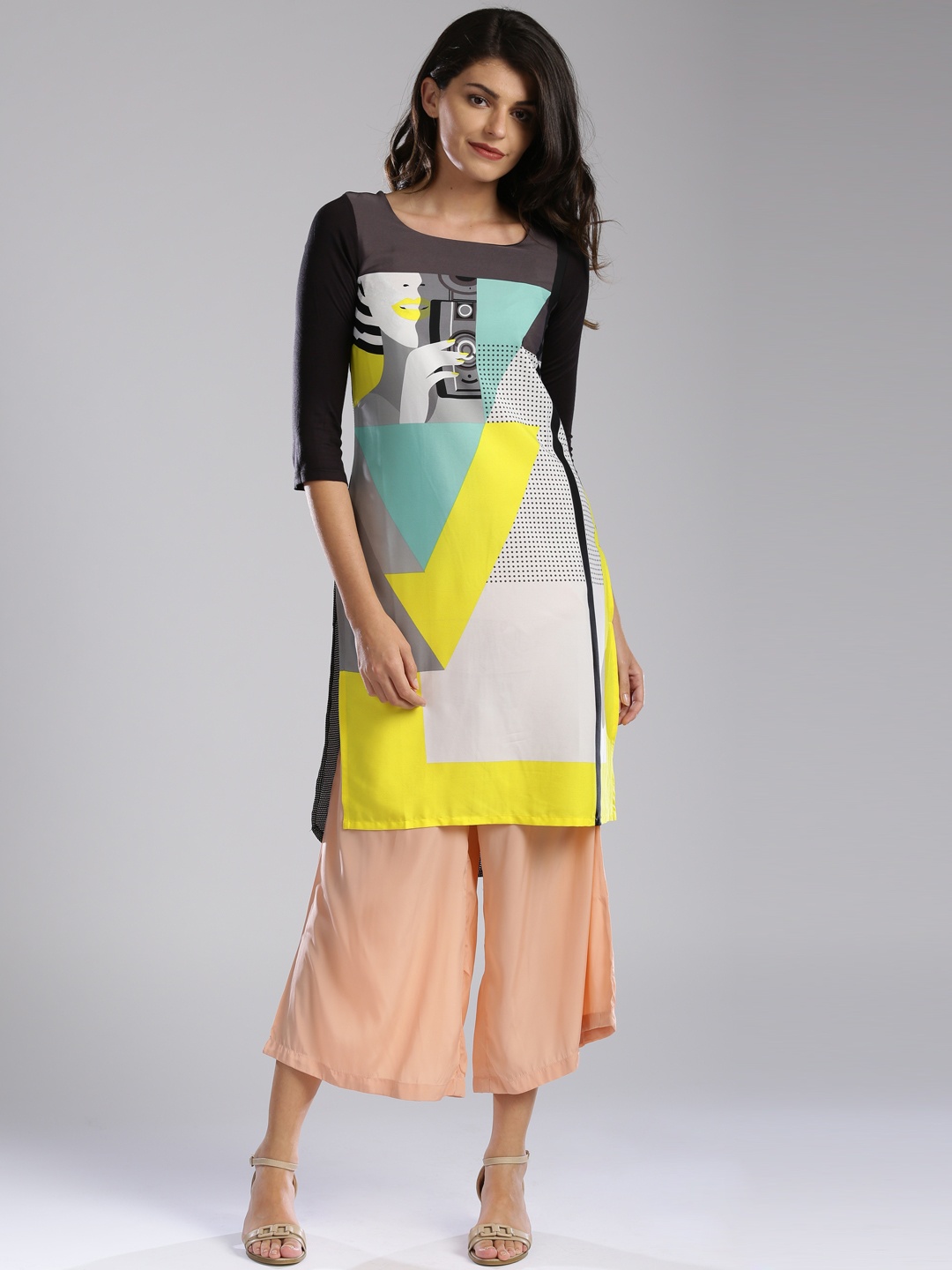 

W Multicoloured Polyester Quirky Print High-Low Kurta, Multi