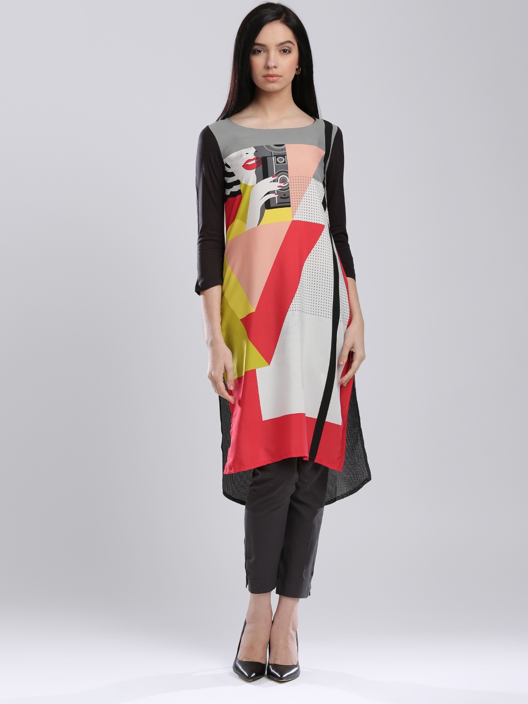 

W Multicoloured Printed High-Low Polyester Kurta, Multi