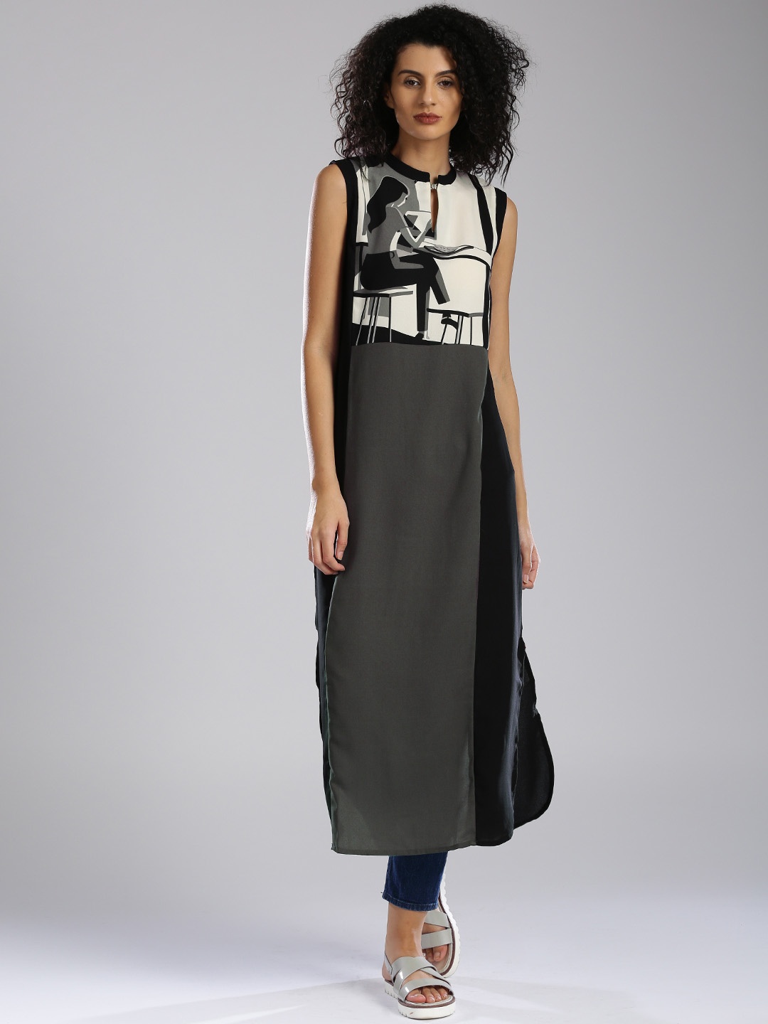 

W Grey & Black Polyester Printed Kurta