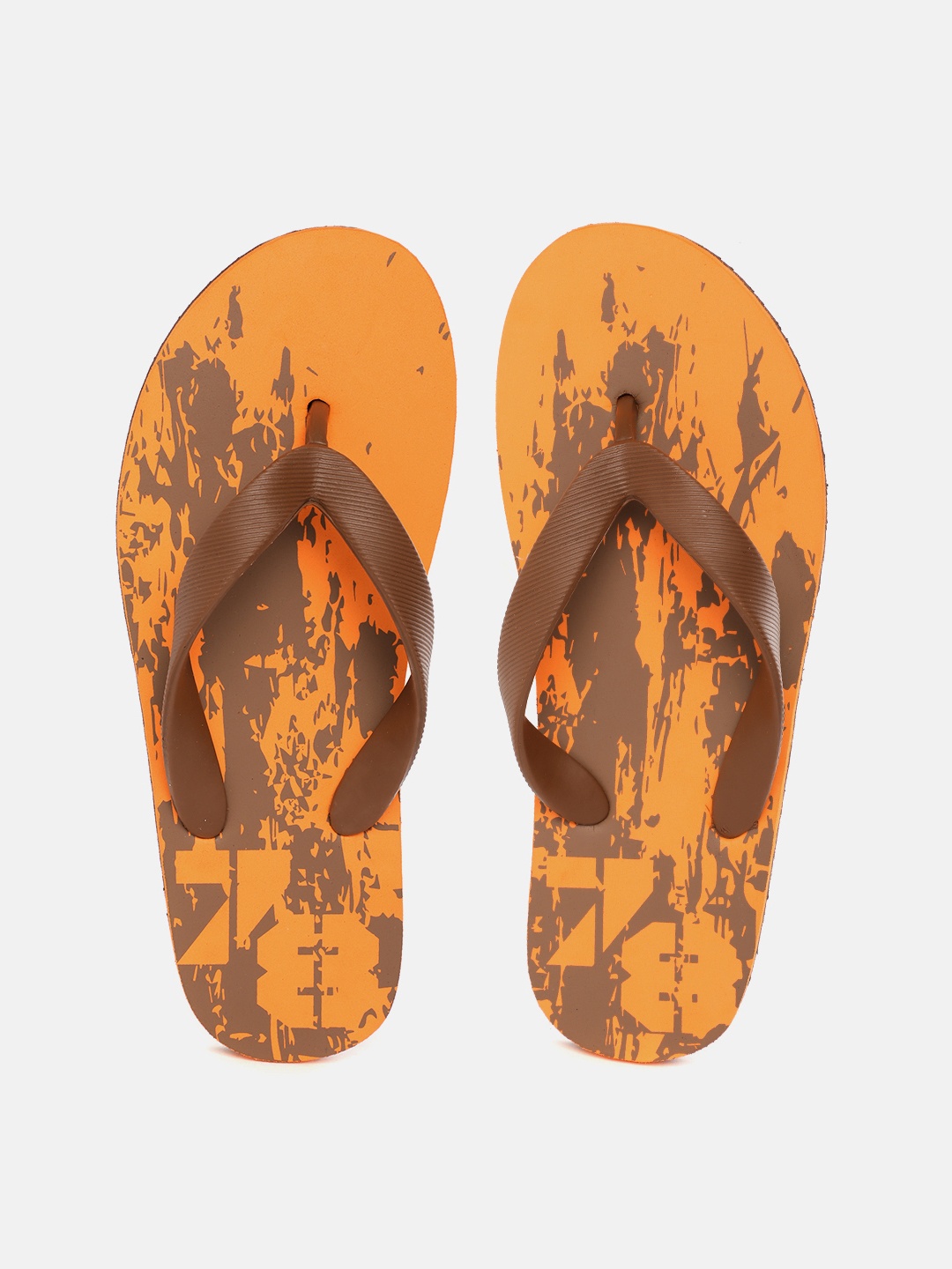 

Roadster Men Brown & Coral Orange Printed Thong Flip-Flops