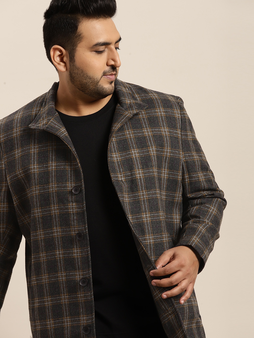 

Sztori Men Plus Size Charcoal Grey & Mustard Yellow Checked Overcoat
