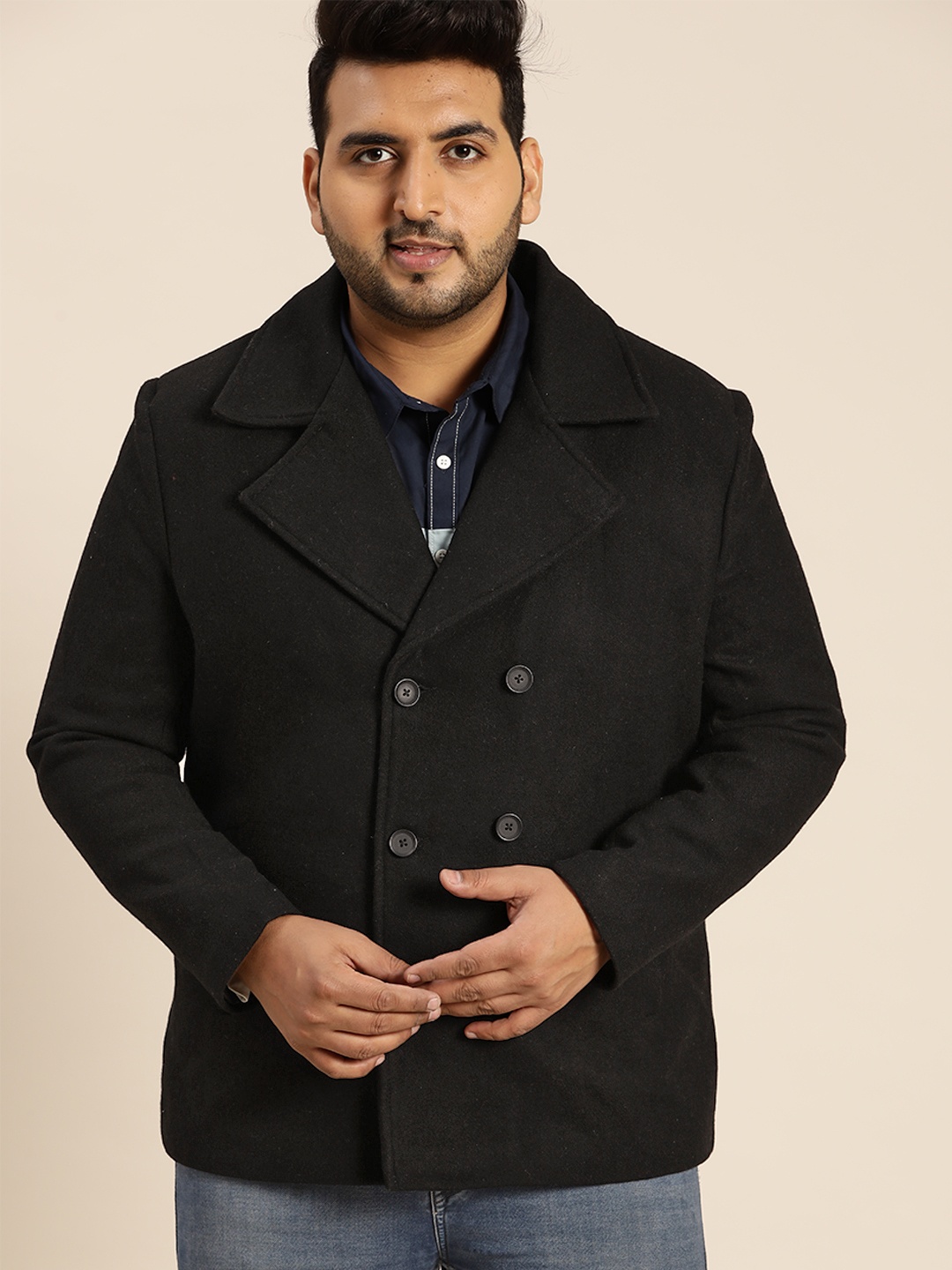 

Sztori Plus Size Men Black Solid Regular Fit Casual Double Breasted Over Coat