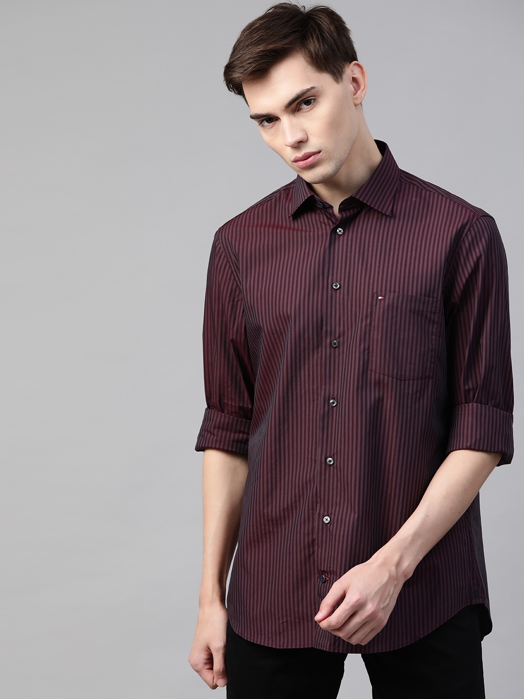 

Tommy Hilfiger Men Burgundy Striped Cotton Casual Shirt