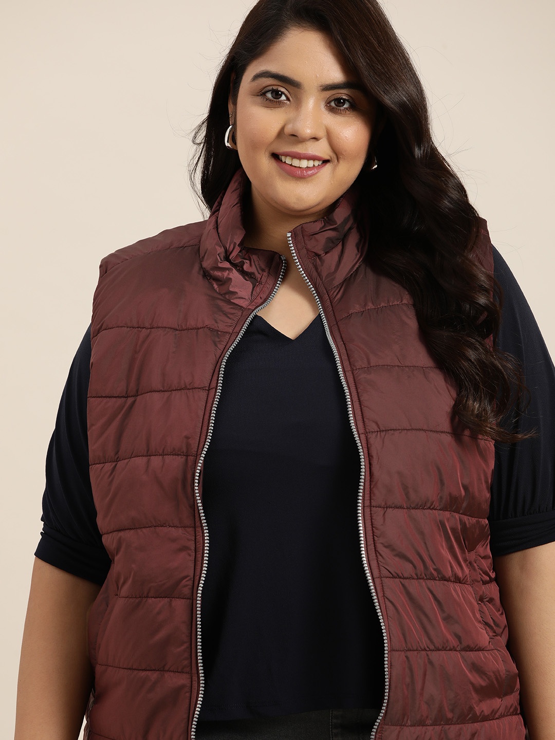 

Sztori Plus Size Women Burgundy Solid Padded Jacket