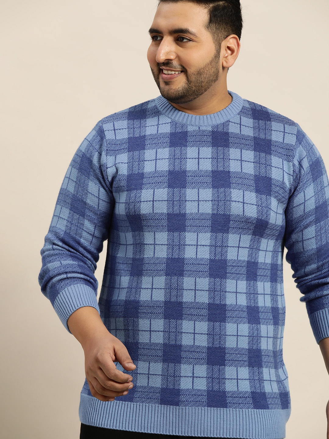 

Sztori Men Plus Size Blue Checked Pullover