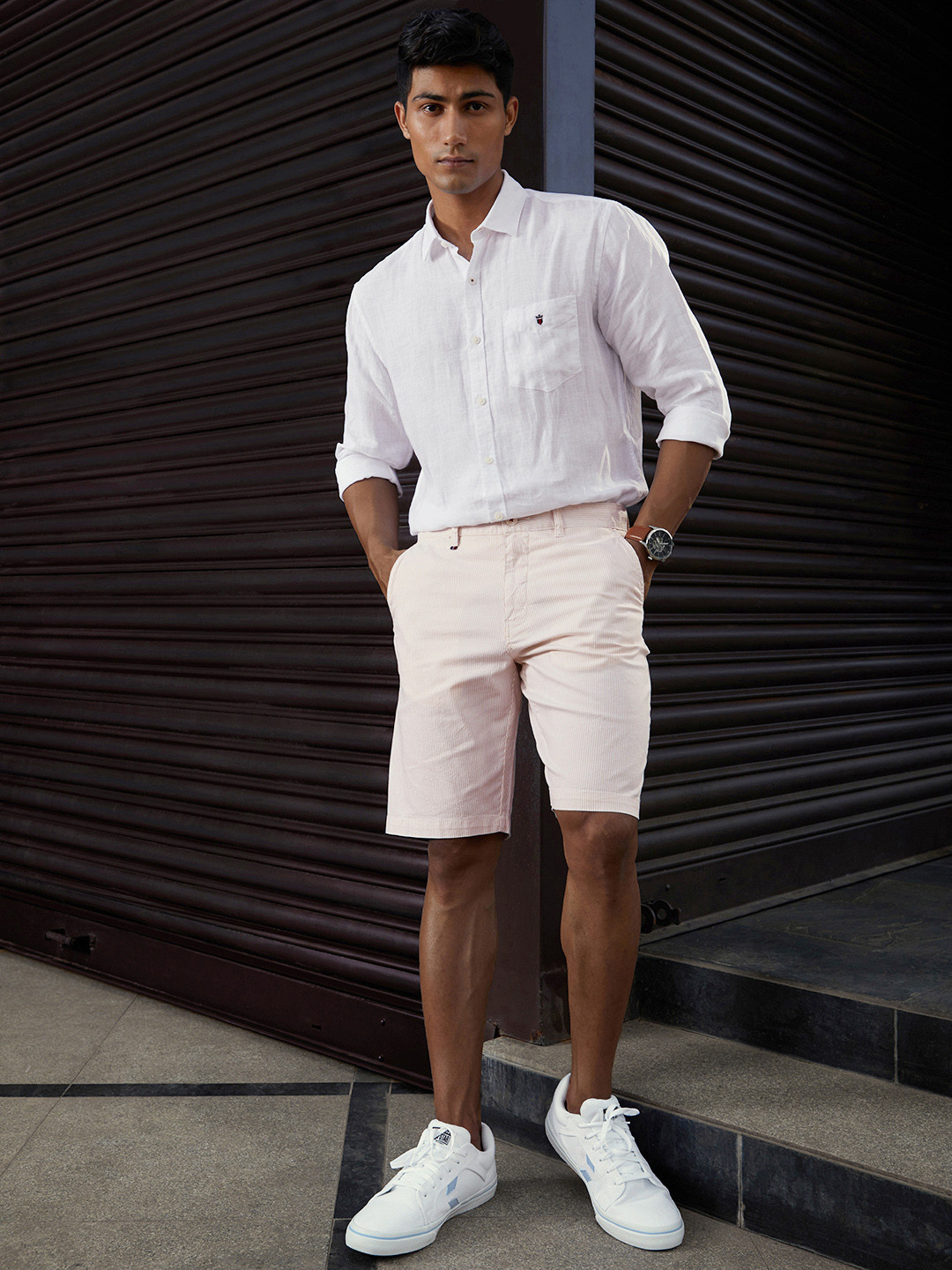 

Louis Philippe Sport Men Beige Striped Slim Fit Low-Rise Regular Shorts