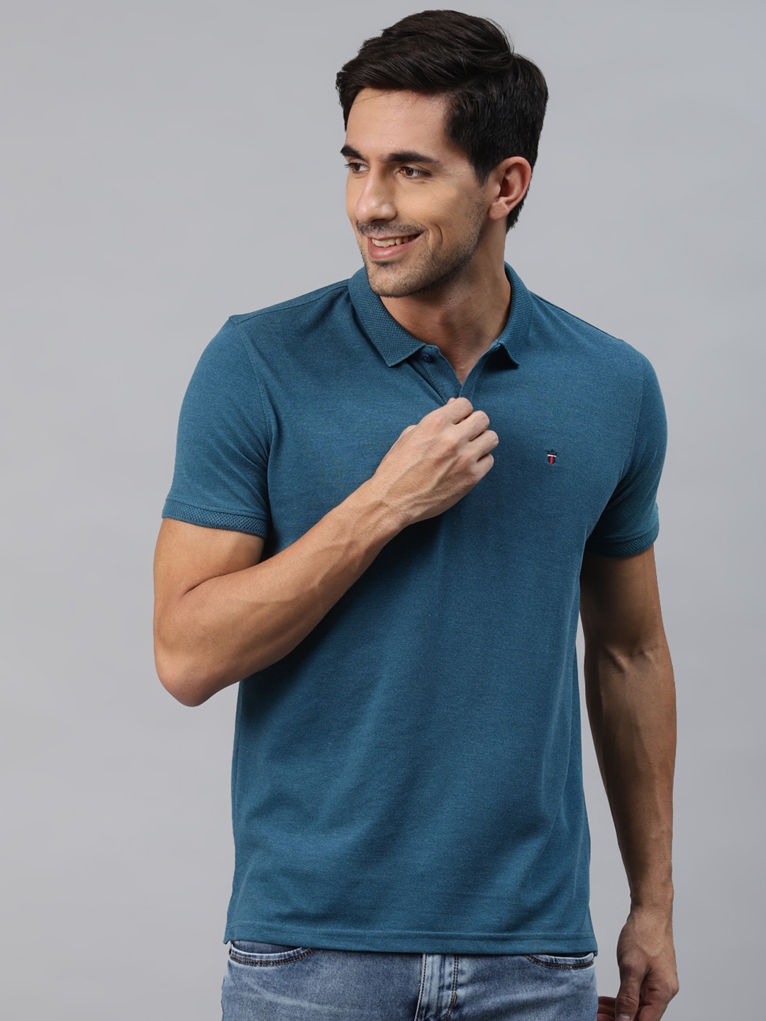 

Louis Philippe Sport Men Teal Blue Pure Cotton Polo Collar T-shirt
