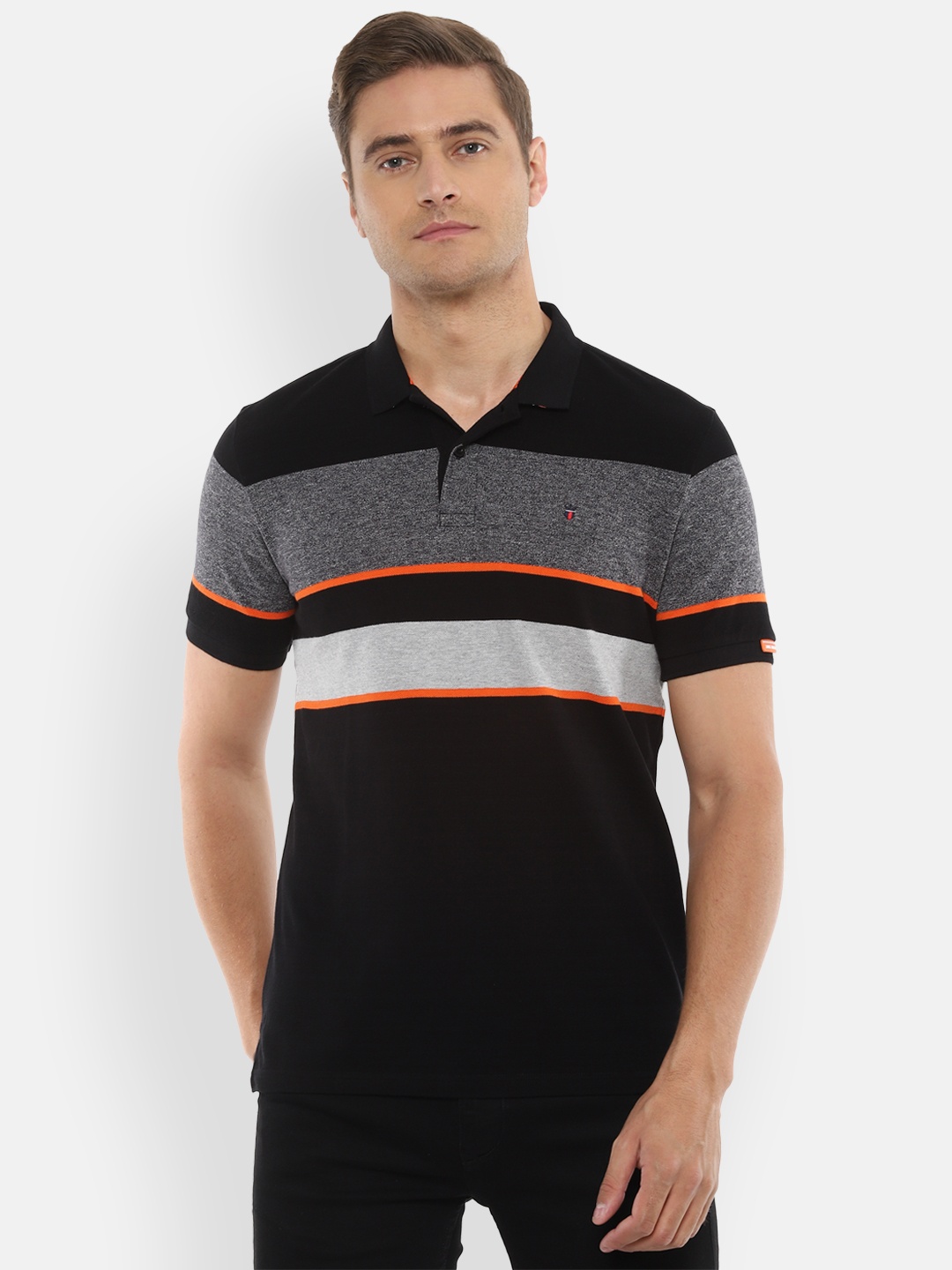 

Louis Philippe Sport Men Black Grey Colourblocked Polo Collar Pure Cotton T-shirt