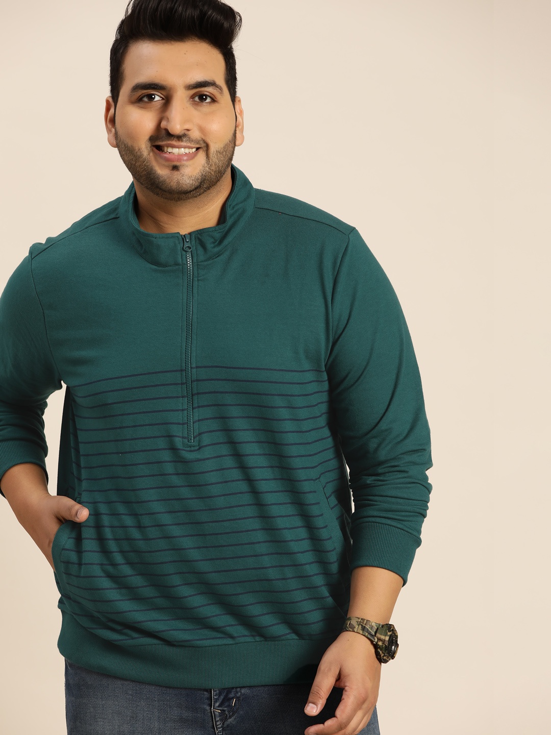 

Sztori Men Plus Size Green Striped Sweatshirt