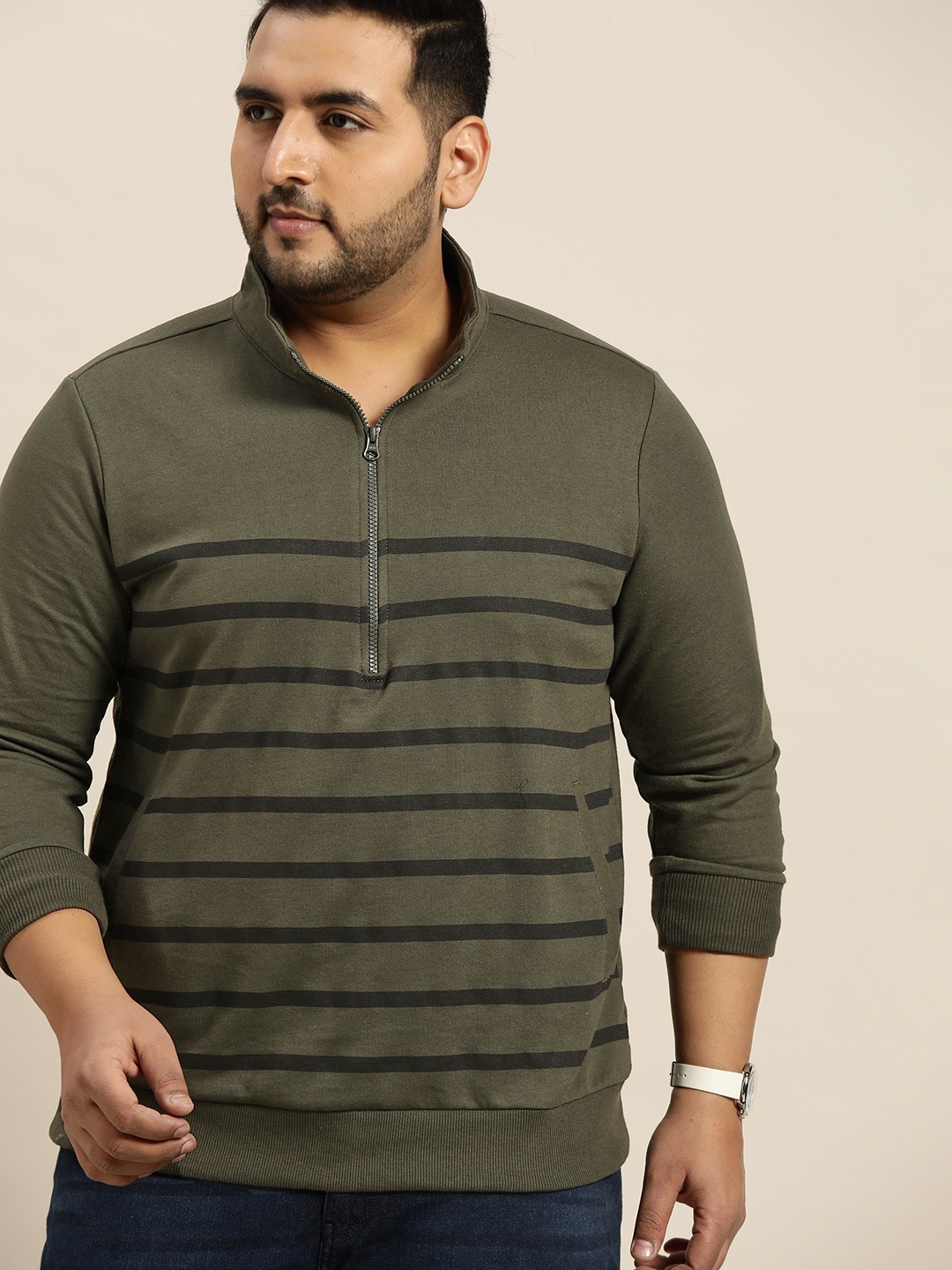 

Sztori Men Plus Size Olive Green & Black Striped Sweatshirt