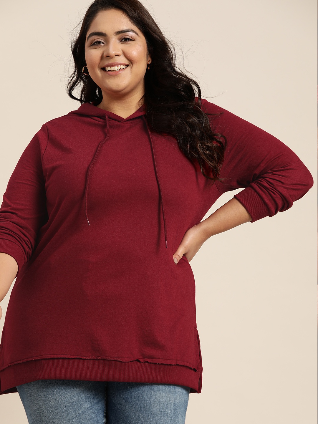 

Sztori Women Plus Size Maroon Solid Longline Hooded Sweatshirt