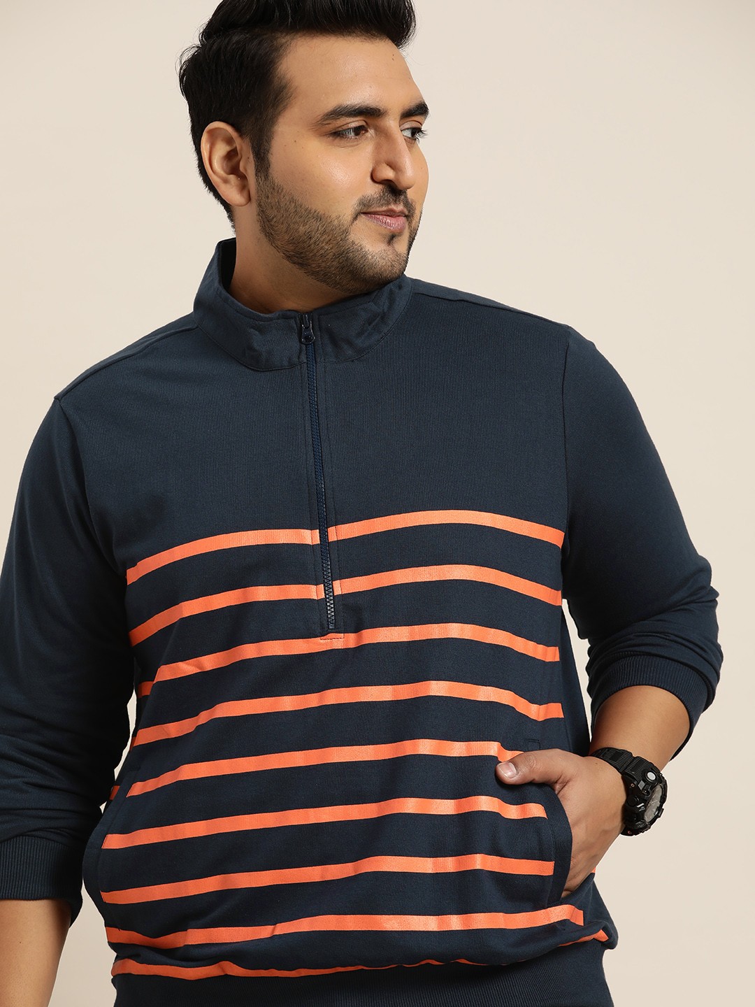 

Sztori Plus Size Men Navy Blue & Orange Striped Sweatshirt