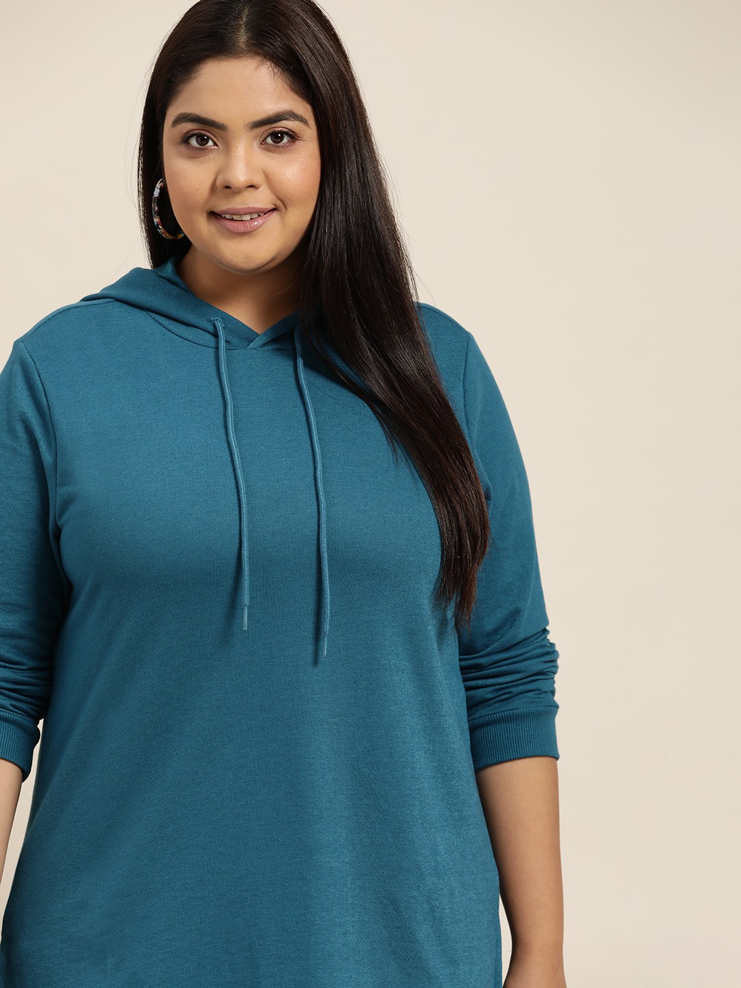 

Sztori Women Plus Size Teal Blue Solid Hooded Sweatshirt