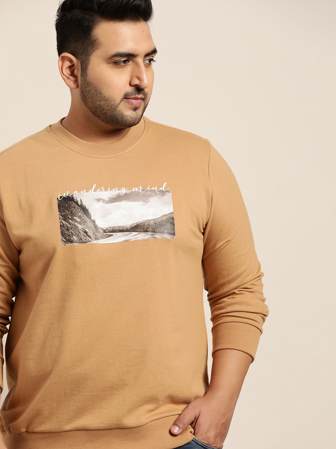 

Sztori Men Plus Size Beige Printed Sweatshirt