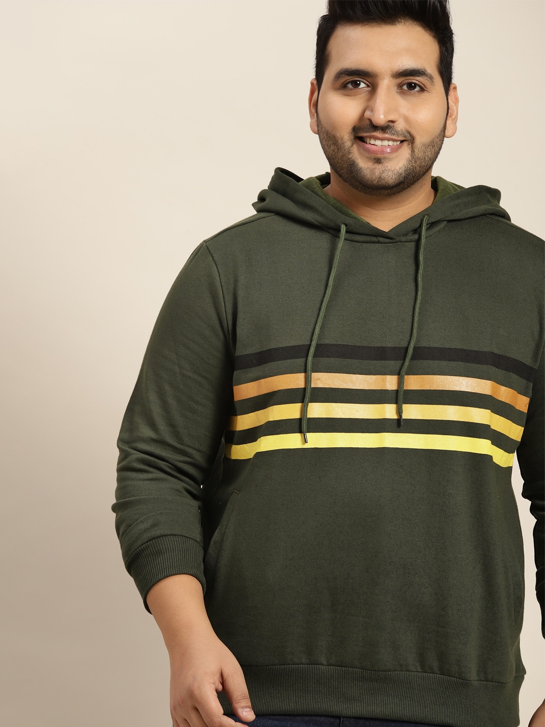 

Sztori Men Plus Size Olive Green & Yellow Striped Hooded Sweatshirt