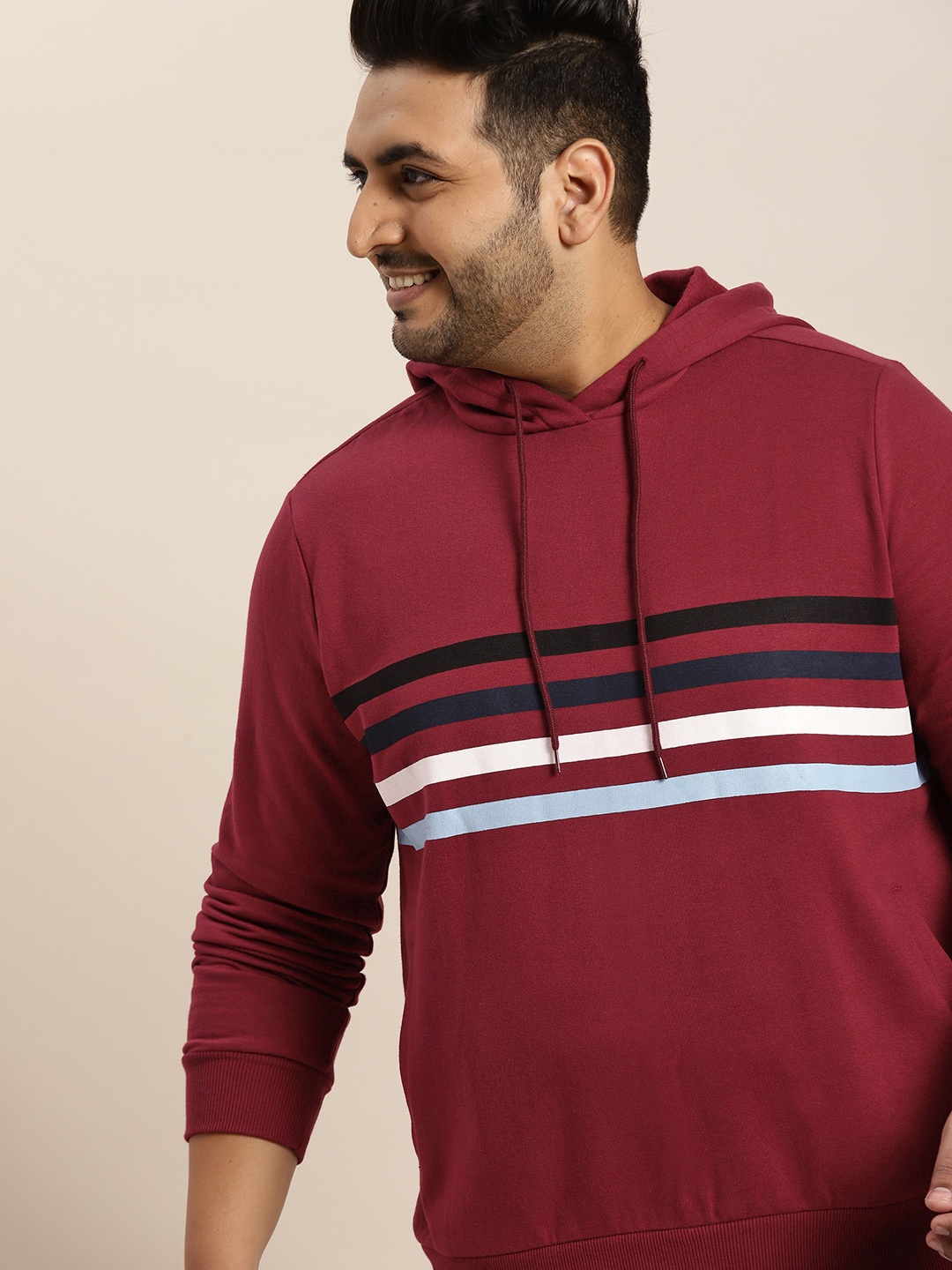 

Sztori Men Plus Size Maroon Striped Hooded Sweatshirt