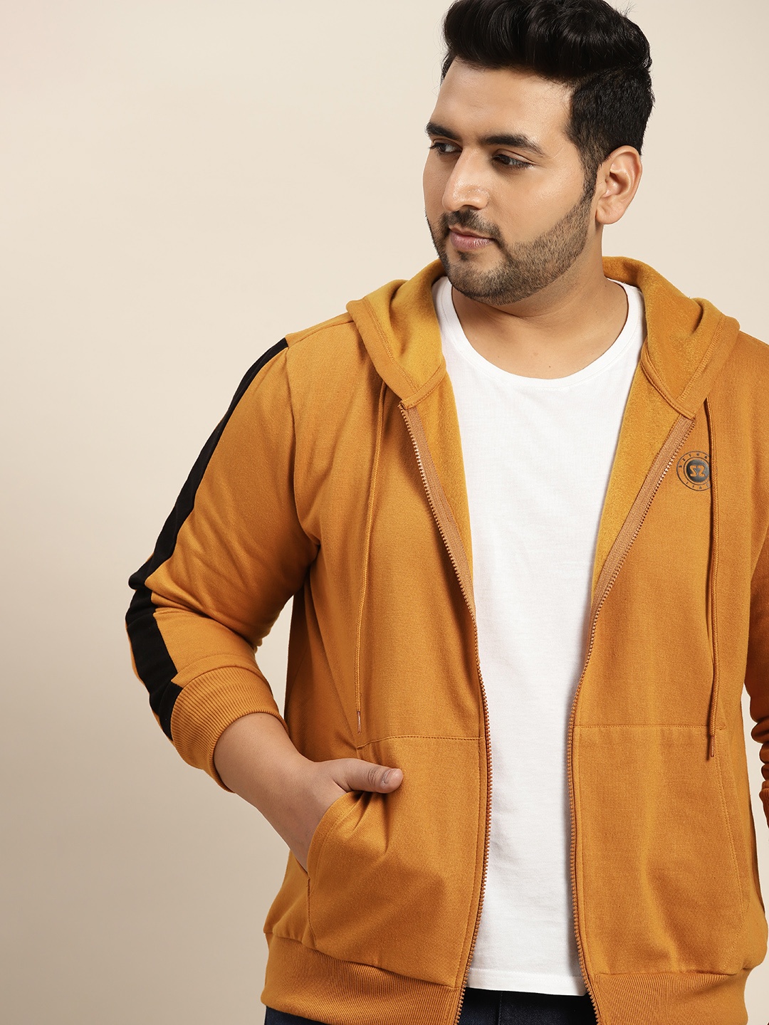 

Sztori Men Plus Size Mustard Yellow Solid Hooded Sweatshirt