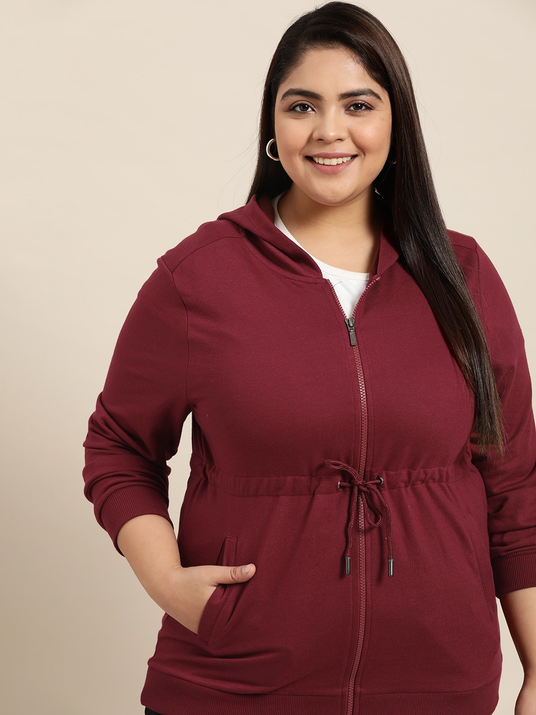 

Sztori Women Plus Size Maroon Solid Hooded Sweatshirt with Tie-Ups