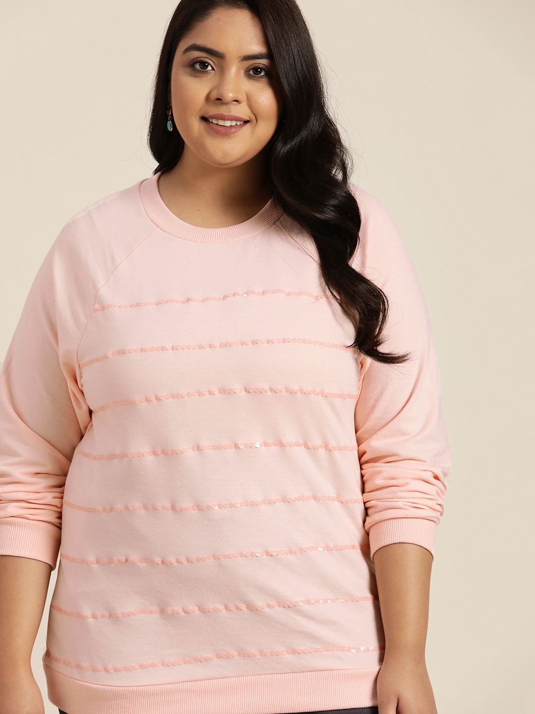 

Sztori Plus Size Women Pink Sequinned Striped Sweatshirt