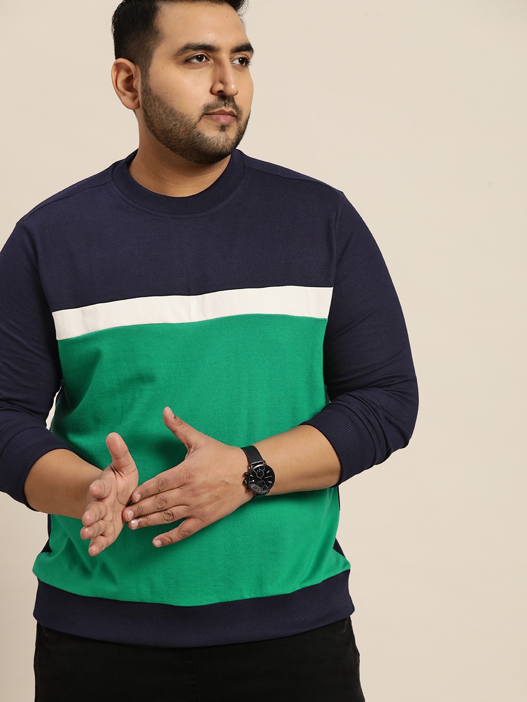 

Sztori Men Plus Size Green & Navy Blue Colourblocked Sweatshirt