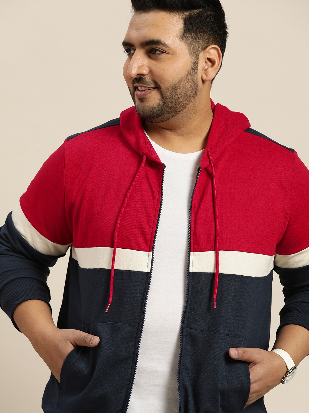 

Sztori Men Plus Size Red & Navy Blue Colourblocked Hooded Sweatshirt