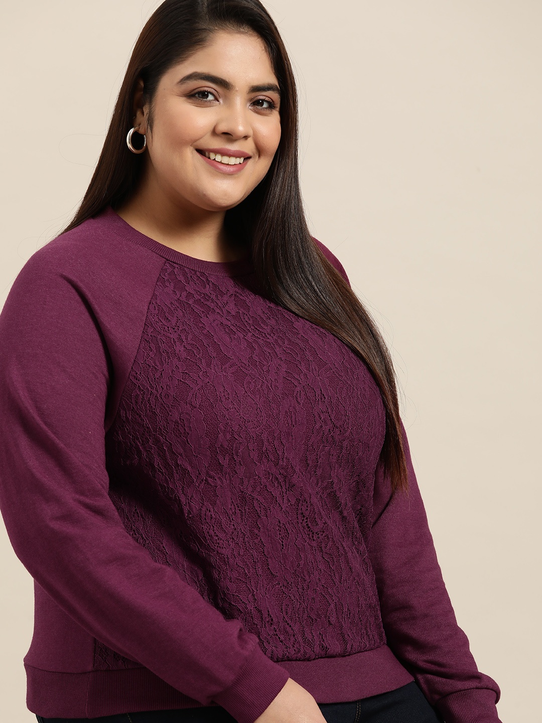 

Sztori Women Plus Size Burgundy Lace Sweatshirt