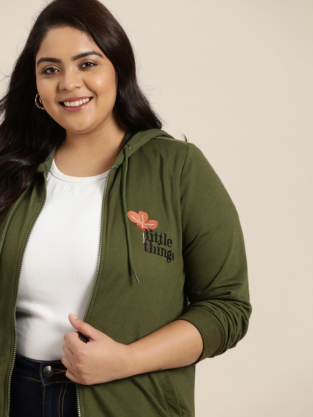 

Sztori Women Plus Size Olive Green Embroidered Hooded Sweatshirt